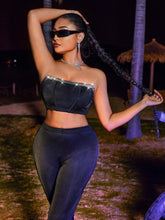 Crop Top And Flare Pants Set With Patchwork And Woven Strap Design